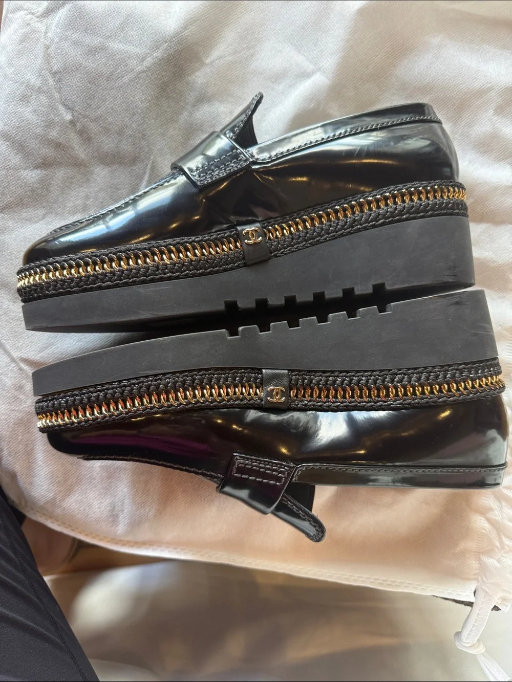 CHANEL Black Patent Leather Women’s Loafers with CC Medallion